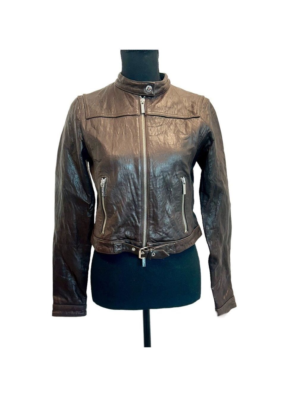 Michael Michael Kors dark chocolate brown leather biker moto jacket Sz S NWOT